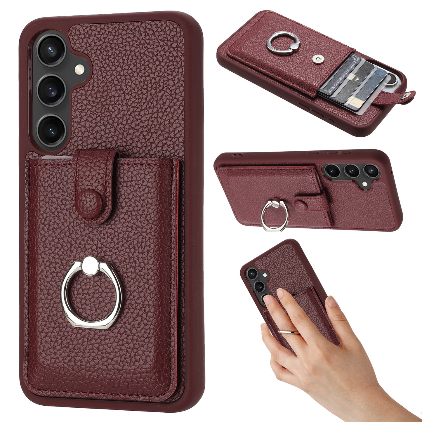 For Samsung Galaxy A16 5G / A16 4G Case Drawing Type Card Slots Litchi Texture Leather Back Cover with Ring Kickstand - Wine Red
