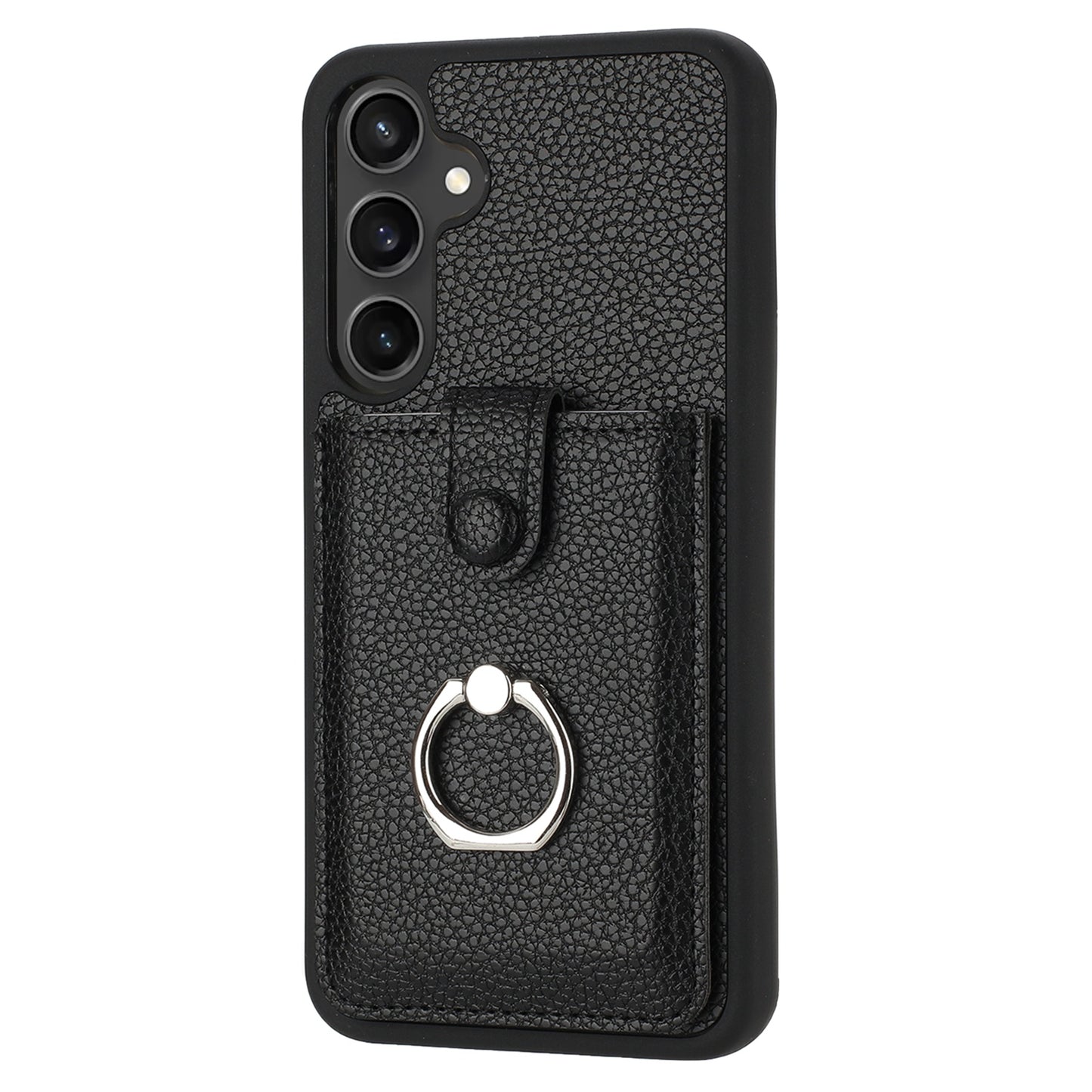 For Samsung Galaxy A16 5G / A16 4G Case Drawing Type Card Slots Litchi Texture Leather Back Cover with Ring Kickstand - Black