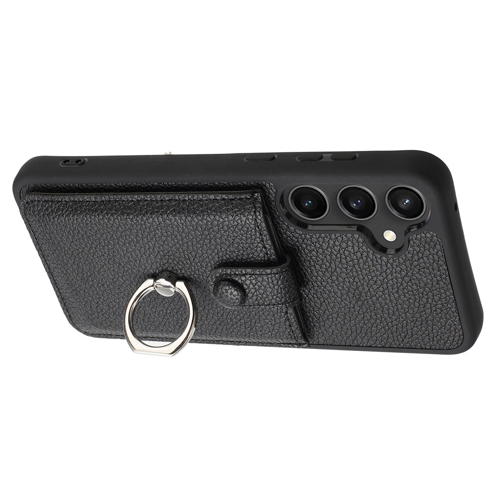 For Samsung Galaxy A16 5G / A16 4G Case Drawing Type Card Slots Litchi Texture Leather Back Cover with Ring Kickstand - Black