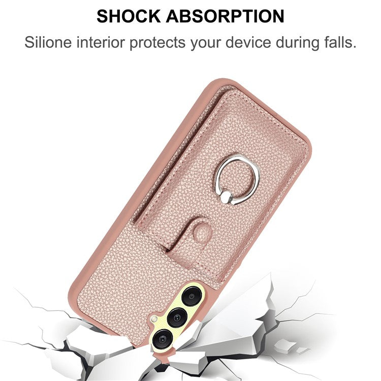 For Samsung Galaxy A25 5G (Global) (161.0 x 76.5 x 8.3mm) Case Drawing Type Card Slots Leather Back Cover with Ring Kickstand - Rose Gold