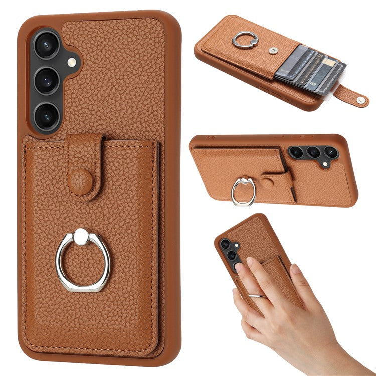 For Samsung Galaxy A54 5G Case Drawing Type Card Slots Litchi Texture Leather Back Cover with Ring Kickstand - Brown