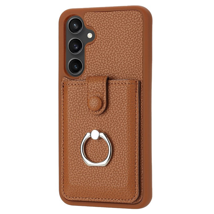 For Samsung Galaxy A54 5G Case Drawing Type Card Slots Litchi Texture Leather Back Cover with Ring Kickstand - Brown