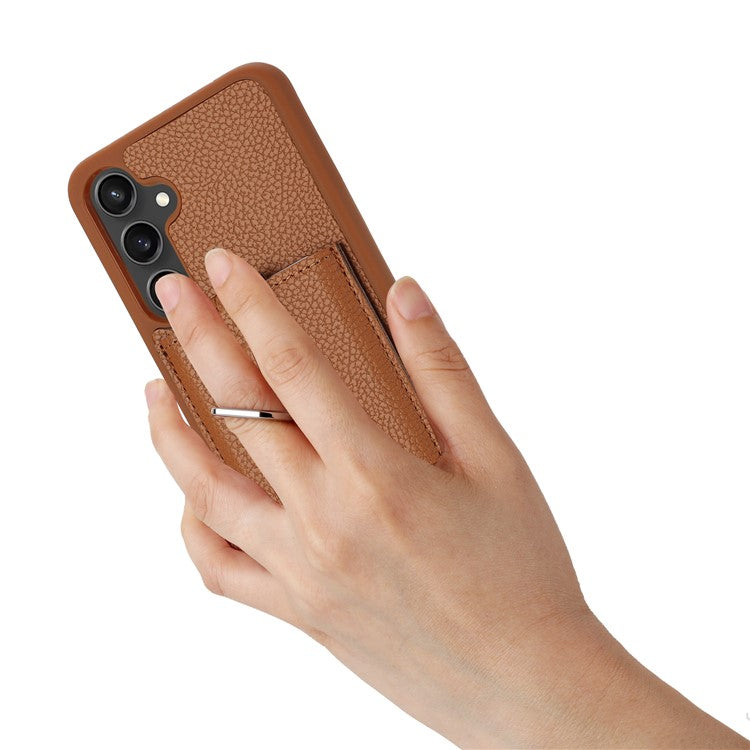 For Samsung Galaxy A54 5G Case Drawing Type Card Slots Litchi Texture Leather Back Cover with Ring Kickstand - Brown
