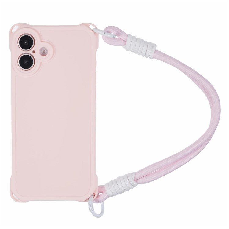 For iPhone 16 Case Reinforced Corner Shockproof TPU Phone Cover with Wrist Strap - Pink