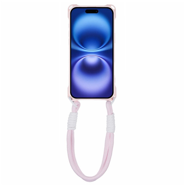 For iPhone 16 Case Reinforced Corner Shockproof TPU Phone Cover with Wrist Strap - Pink