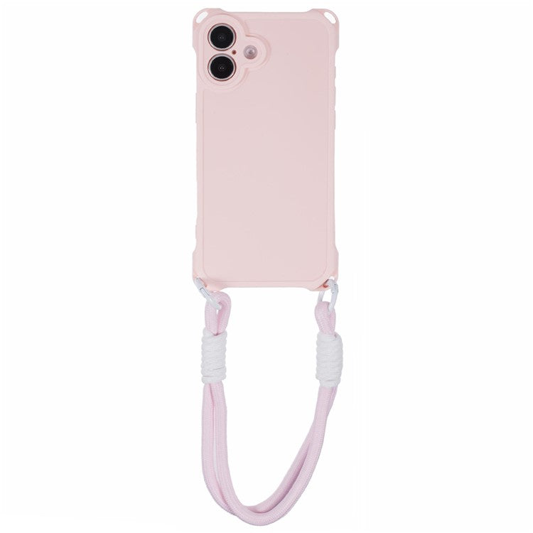 For iPhone 16 Case Reinforced Corner Shockproof TPU Phone Cover with Wrist Strap - Pink