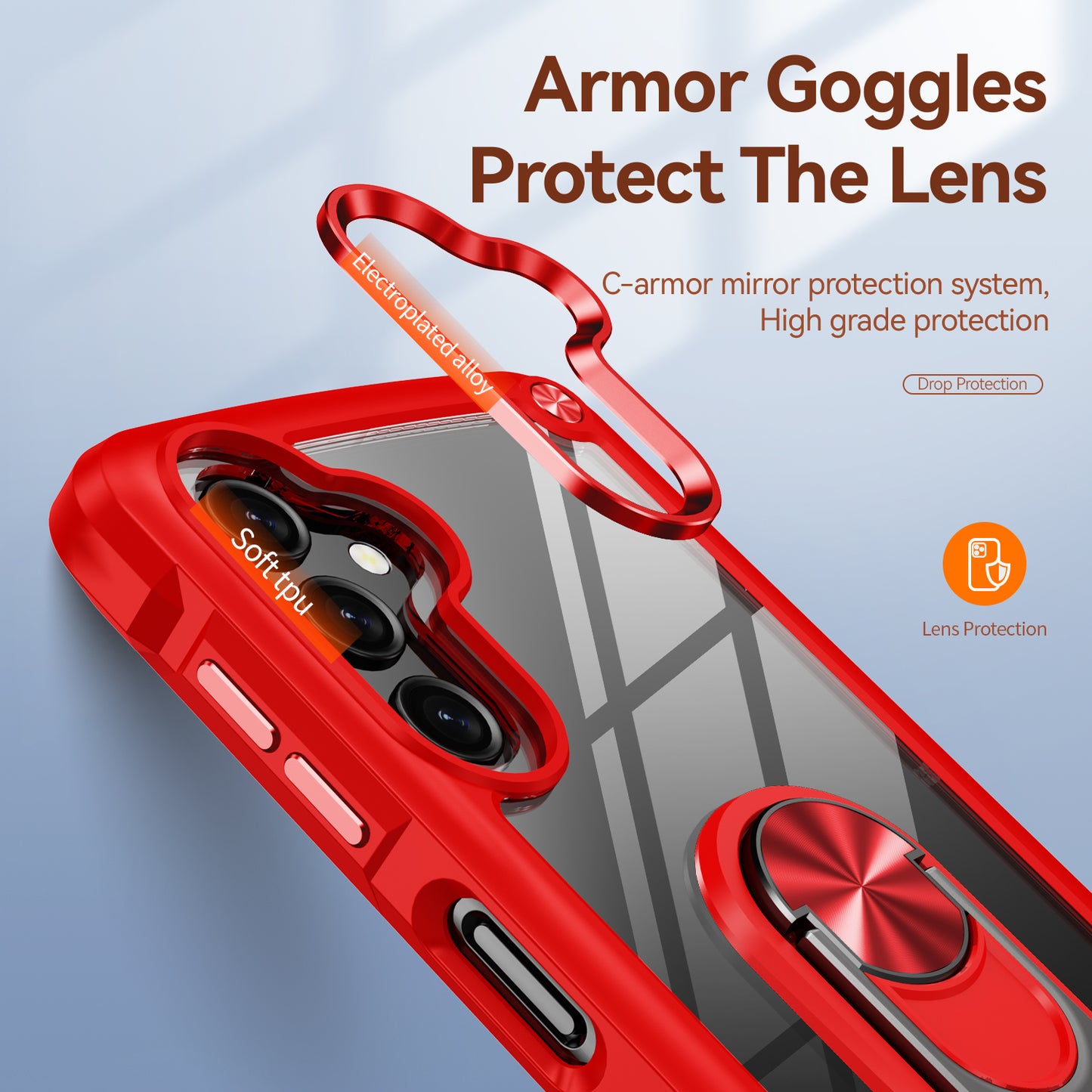 For Samsung Galaxy A16 5G / A16 4G Case Alloy Lens Frame PC + TPU Kickstand Phone Back Cover - Red