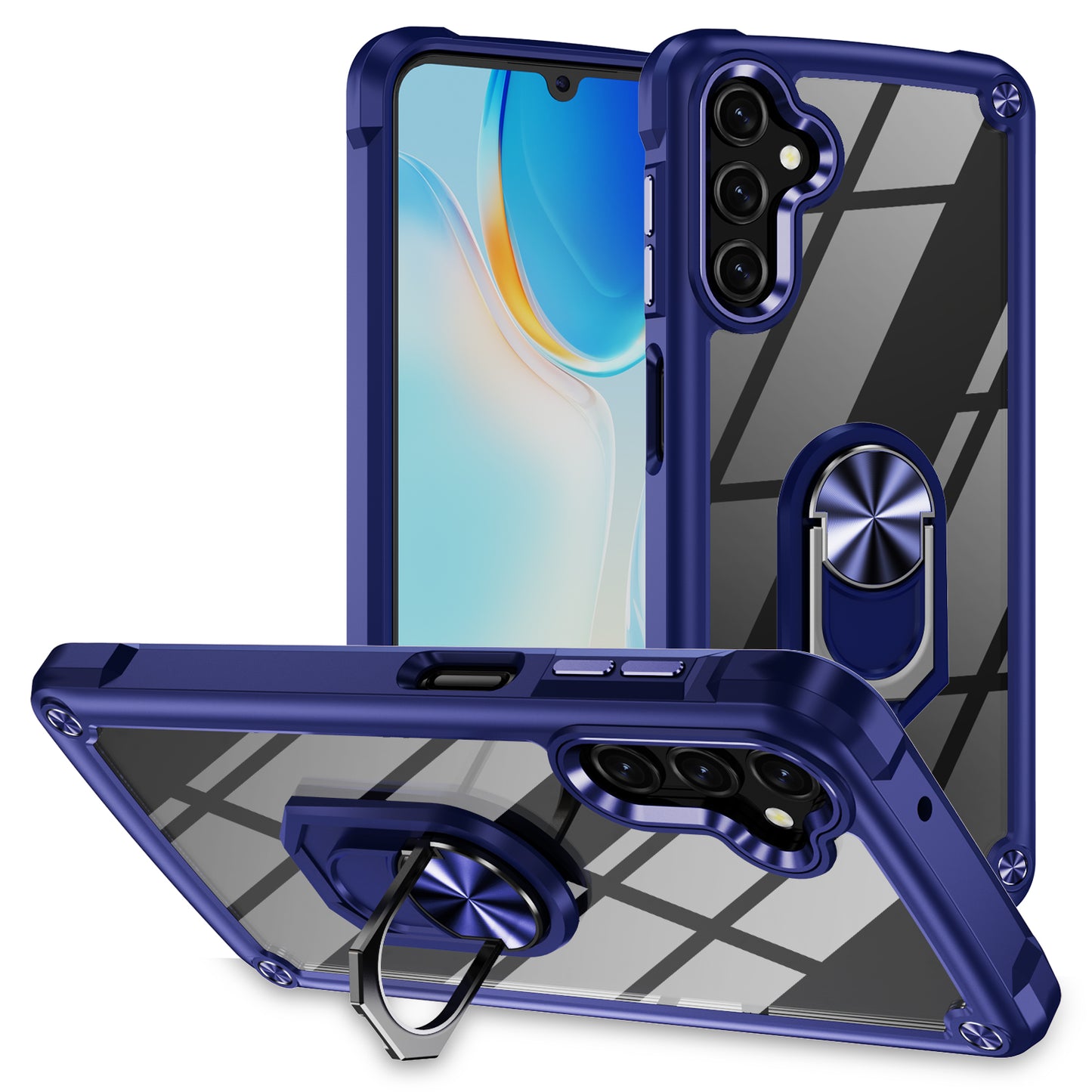 For Samsung Galaxy A16 5G / A16 4G Case Alloy Lens Frame PC + TPU Kickstand Phone Back Cover - Blue