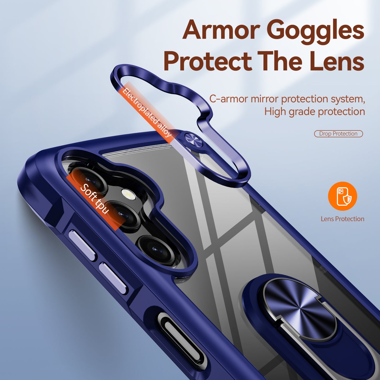 For Samsung Galaxy A16 5G / A16 4G Case Alloy Lens Frame PC + TPU Kickstand Phone Back Cover - Blue