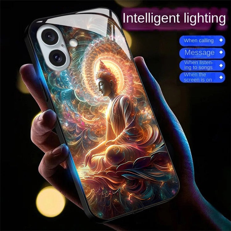 For iPhone 16 Case Call Flash Series Pattern Printing Tempered Glass + TPU Combo Phone Case - Colorful Buddha