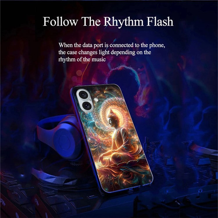 For iPhone 16 Case Call Flash Series Pattern Printing Tempered Glass + TPU Combo Phone Case - Colorful Buddha