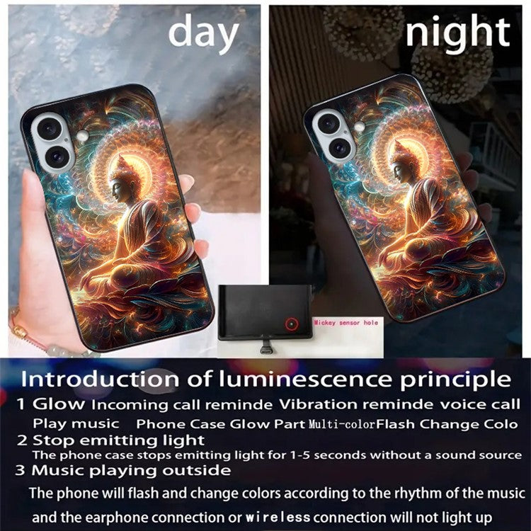 For iPhone 16 Case Call Flash Series Pattern Printing Tempered Glass + TPU Combo Phone Case - Colorful Buddha