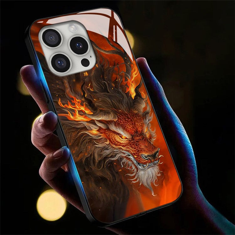 For iPhone 16 Pro Case Call Flash Series Pattern Printing Tempered Glass + TPU Combo Phone Case - Red Fire Dragon