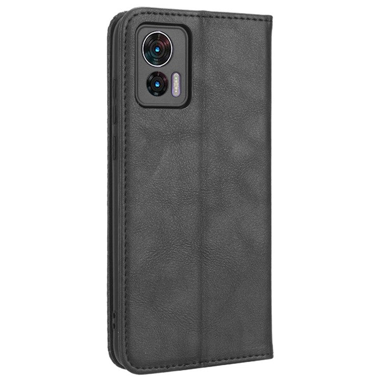 For Motorola Edge 30 Neo 5G Magnetic Auto Closing Retro PU Leather Wallet Case Imprint Pattern Phone Stand Protective Cover - Black