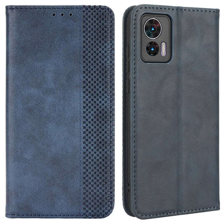 For Motorola Edge 30 Neo 5G Magnetic Auto Closing Retro PU Leather Wallet Case Imprint Pattern Phone Stand Protective Cover - Blue
