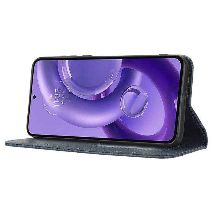 For Motorola Edge 30 Neo 5G Magnetic Auto Closing Retro PU Leather Wallet Case Imprint Pattern Phone Stand Protective Cover - Blue