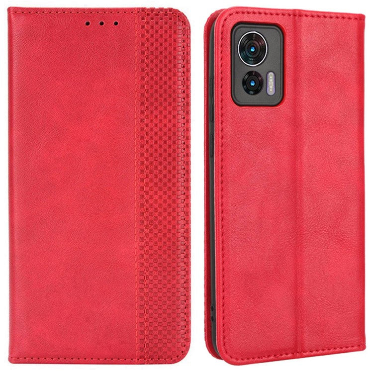 For Motorola Edge 30 Neo 5G Magnetic Auto Closing Retro PU Leather Wallet Case Imprint Pattern Phone Stand Protective Cover - Red