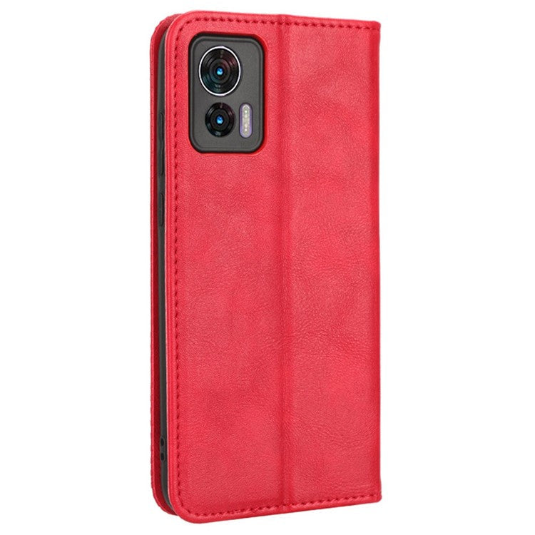 For Motorola Edge 30 Neo 5G Magnetic Auto Closing Retro PU Leather Wallet Case Imprint Pattern Phone Stand Protective Cover - Red