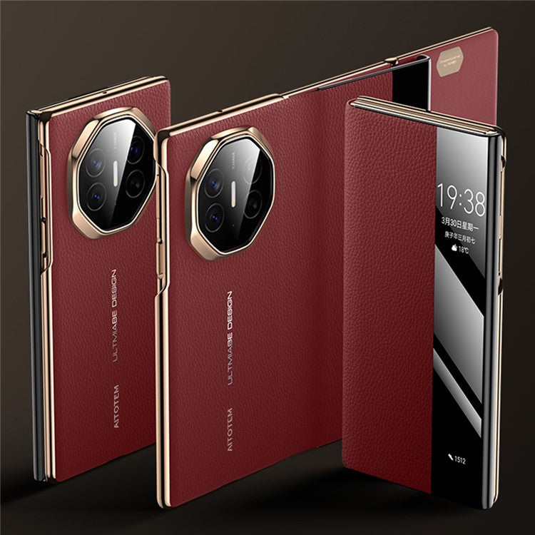 For Huawei Mate XT Ultimate Case View Window Genuine Cow Leather+PC Electroplating Phone Cover - Gold+Red