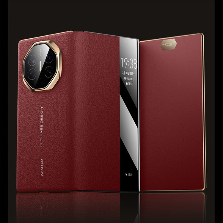 For Huawei Mate XT Ultimate Case View Window Genuine Cow Leather+PC Electroplating Phone Cover - Gold+Red