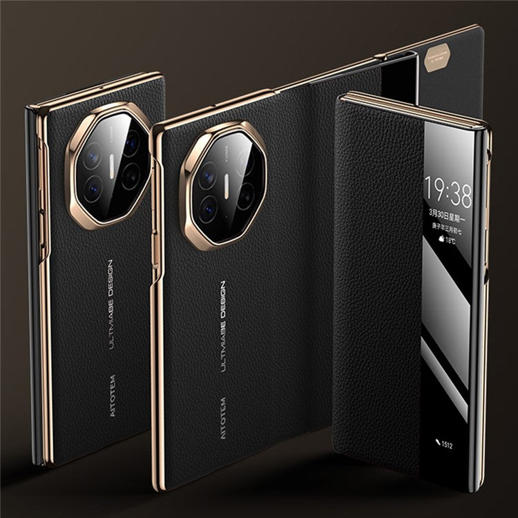 For Huawei Mate XT Ultimate Case View Window Genuine Cow Leather+PC Electroplating Phone Cover - Gold+Black
