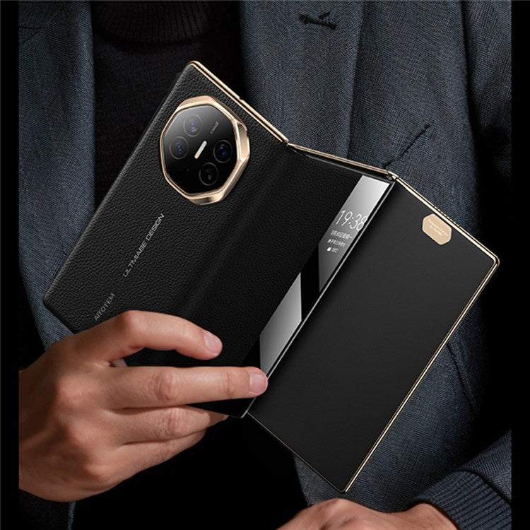 For Huawei Mate XT Ultimate Case View Window Genuine Cow Leather+PC Electroplating Phone Cover - Gold+Black