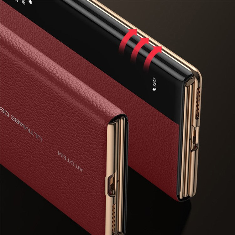 For Huawei Mate XT Ultimate Case View Window Genuine Cow Leather+PC Electroplating Phone Cover - Gold+Black