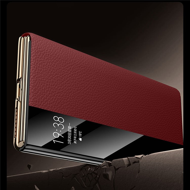 For Huawei Mate XT Ultimate Case View Window Genuine Cow Leather+PC Electroplating Phone Cover - Black