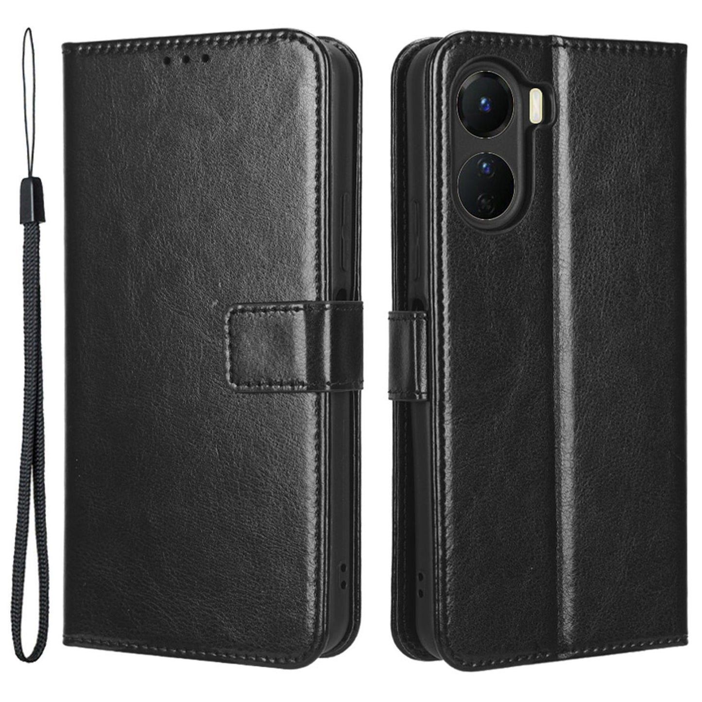 For vivo Y16 4G / Y02s 4G / Y35 5G / Y35m 5G / Y53t 5G / Y56 5G / iQOO Z7i / T2x (India) 5G Crazy Horse Texture PU Leather Anti-drop Anti-scratch Case Flip Stand Phone Wallet Cover - Black