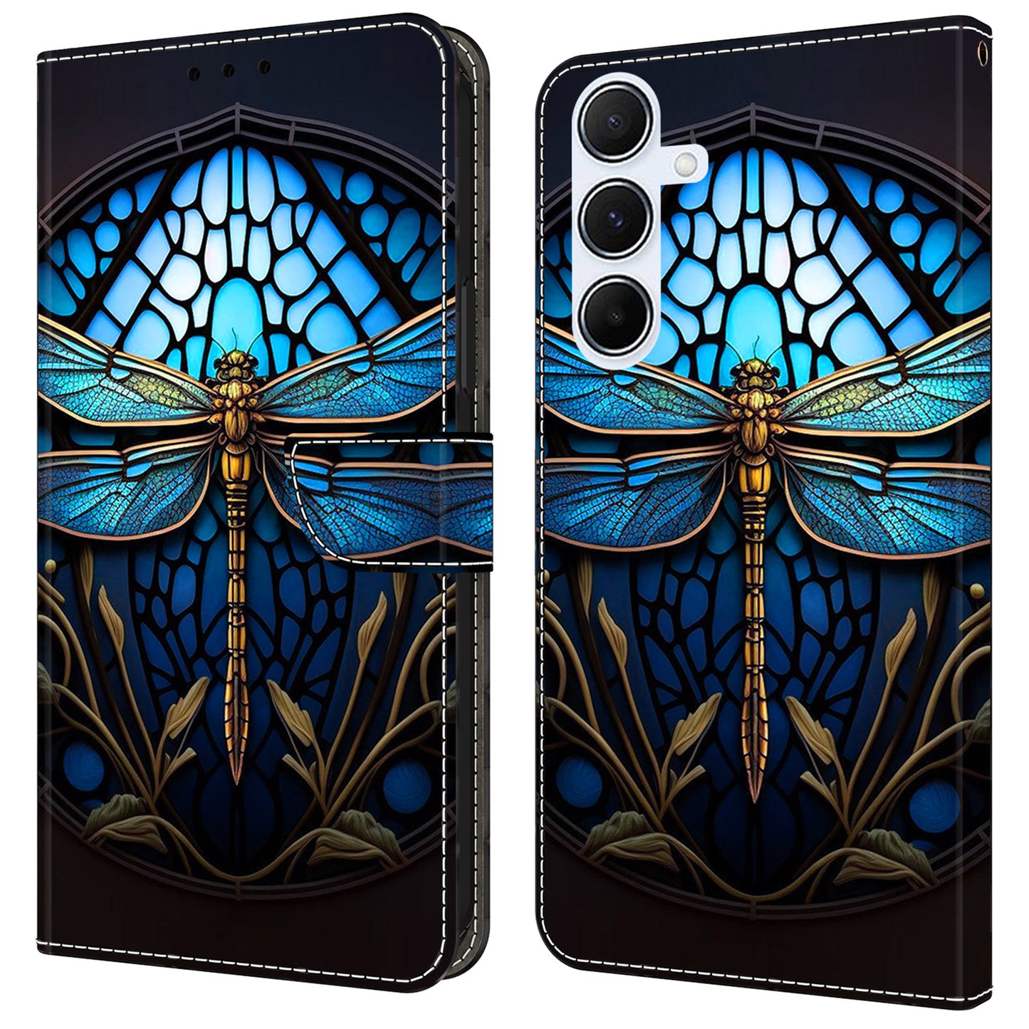 For Samsung Galaxy A16 5G / A16 4G Case Pattern Printed Protective Cover TPU+PU Leather Flip Phone Case - Blue Dragonfly