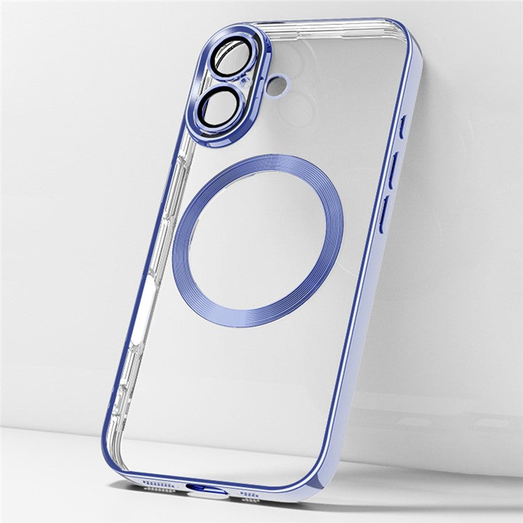 For iPhone 16 Case Electroplating Anti-Drop TPU Clear Phone Cover with Lens Film Compatible with MagSafe - Blue