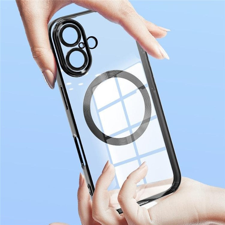 For iPhone 16 Case Electroplating Anti-Drop TPU Clear Phone Cover with Lens Film Compatible with MagSafe - Blue
