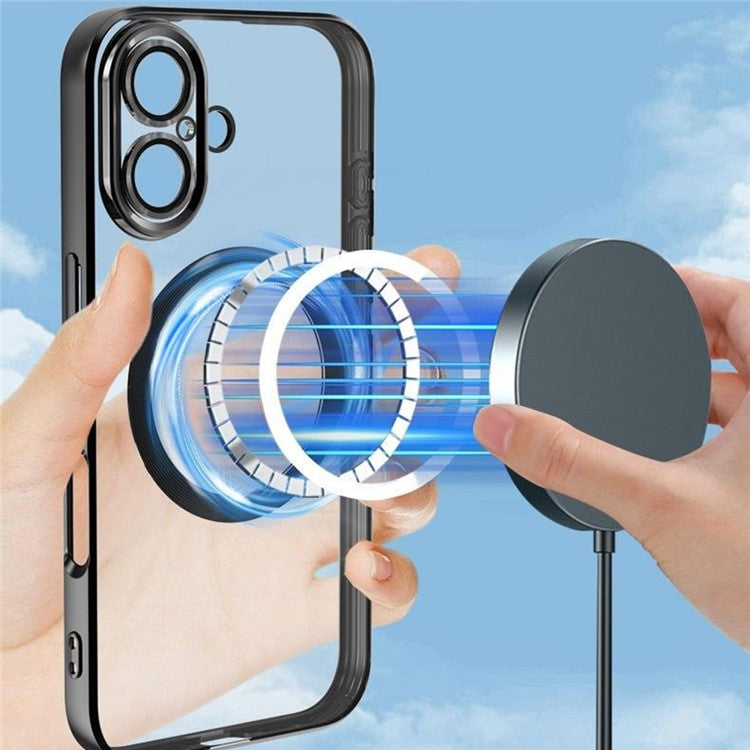 For iPhone 16 Case Electroplating Anti-Drop TPU Clear Phone Cover with Lens Film Compatible with MagSafe - Blue