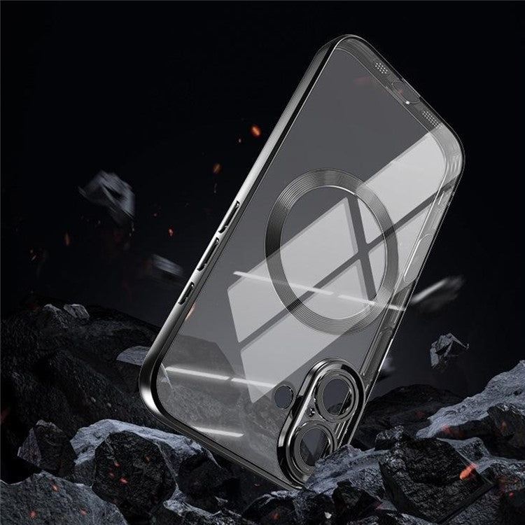 For iPhone 16 Case Electroplating Anti-Drop TPU Clear Phone Cover with Lens Film Compatible with MagSafe - Blue
