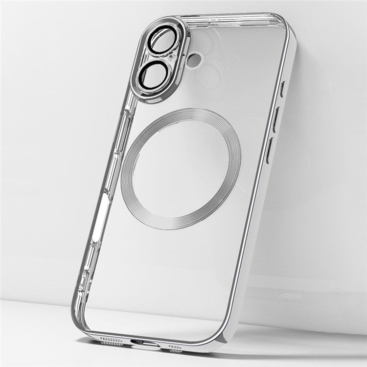For iPhone 16 Plus Case Electroplating Anti-Drop TPU Clear Phone Cover with Lens Film Compatible with MagSafe - Silver
