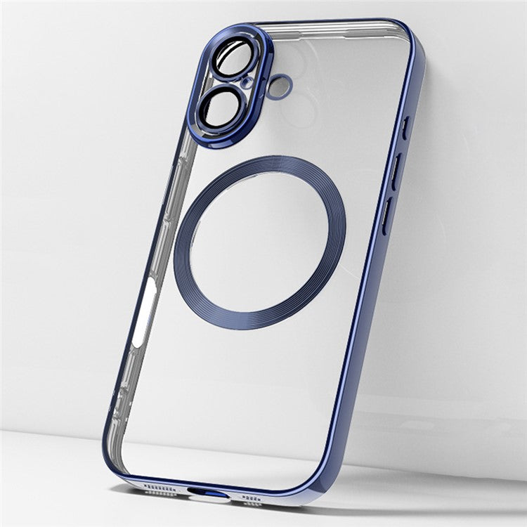 For iPhone 16 Plus Case Electroplating Anti-Drop TPU Clear Phone Cover with Lens Film Compatible with MagSafe - Dark Blue