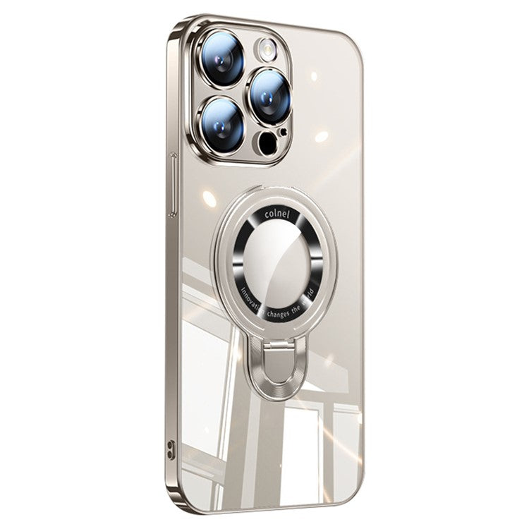 For iPhone 16 Pro Case Ring Kickstand Electroplating PC Phone Cover with Lens Film Compatible with MagSafe - Titanium Grey