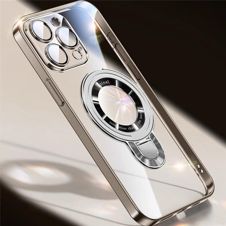 For iPhone 16 Pro Case Ring Kickstand Electroplating PC Phone Cover with Lens Film Compatible with MagSafe - Titanium Grey