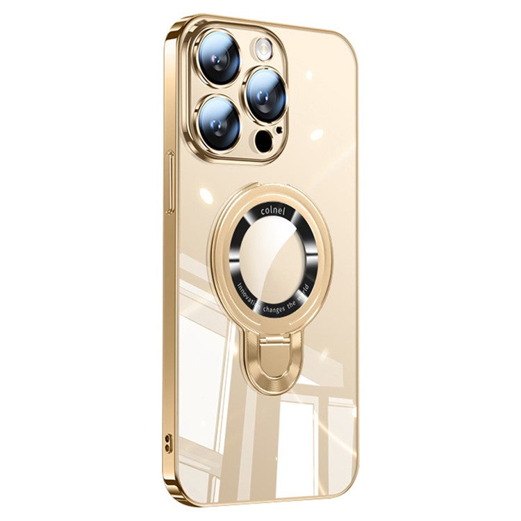For iPhone 16 Pro Case Ring Kickstand Electroplating PC Phone Cover with Lens Film Compatible with MagSafe - Gold