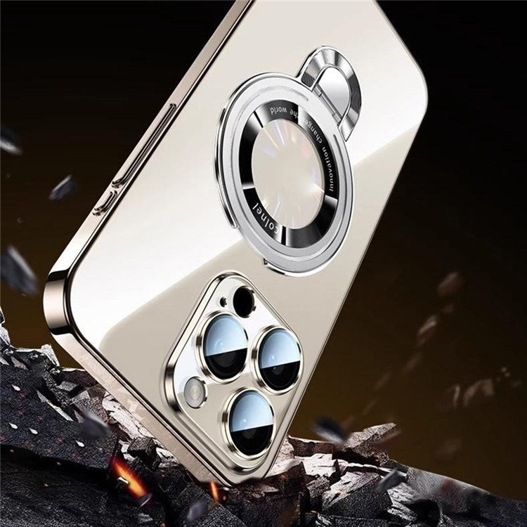 For iPhone 16 Pro Case Ring Kickstand Electroplating PC Phone Cover with Lens Film Compatible with MagSafe - Gold