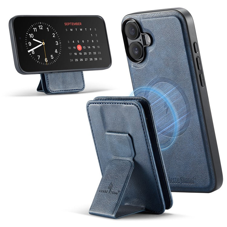 FIERRE SHANN 028 Style For iPhone 16 Plus Case Magnetic Detachable Card Slots Leather Back Cover - Blue