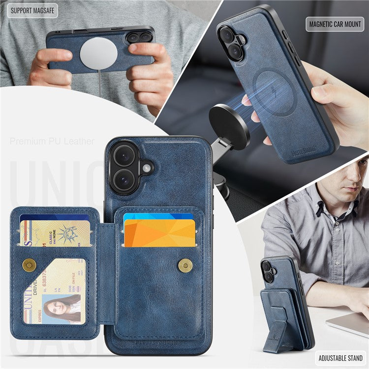 FIERRE SHANN 028 Style For iPhone 16 Plus Case Magnetic Detachable Card Slots Leather Back Cover - Blue
