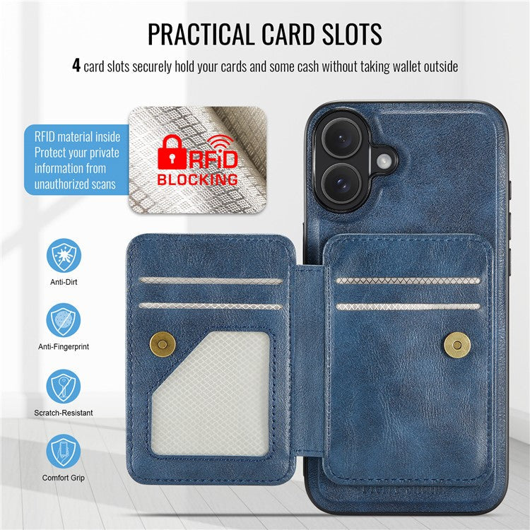 FIERRE SHANN 028 Style For iPhone 16 Plus Case Magnetic Detachable Card Slots Leather Back Cover - Blue