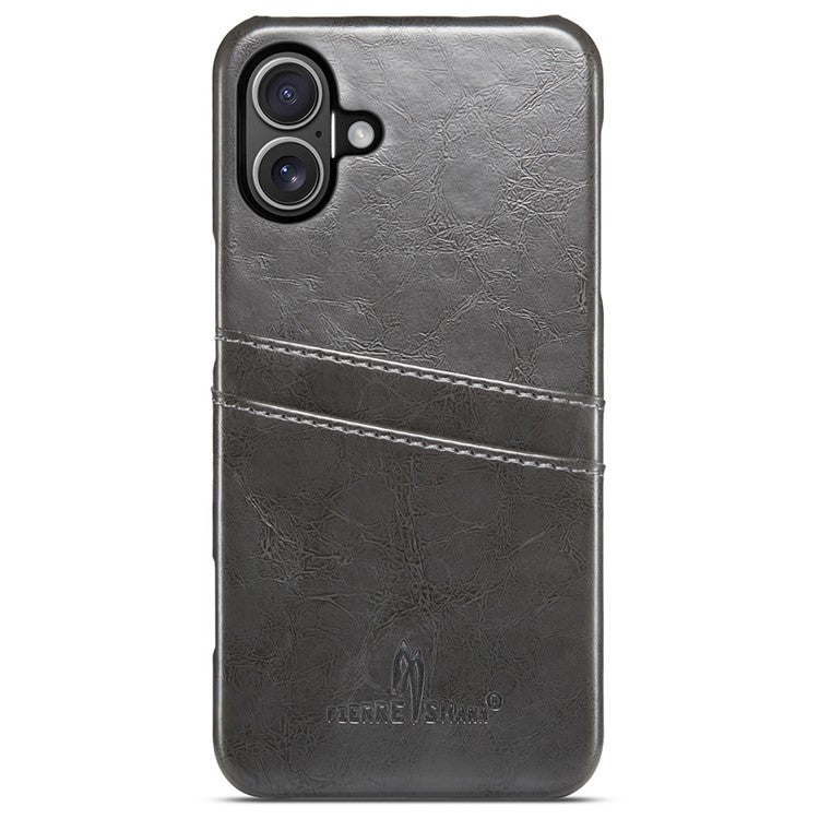 FIERRE SHANN For iPhone 16 Case Waxy PU Leather+PC Card Holder Phone Cover - Grey