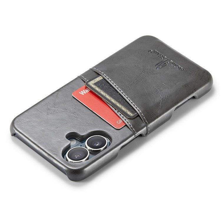 FIERRE SHANN For iPhone 16 Case Waxy PU Leather+PC Card Holder Phone Cover - Grey