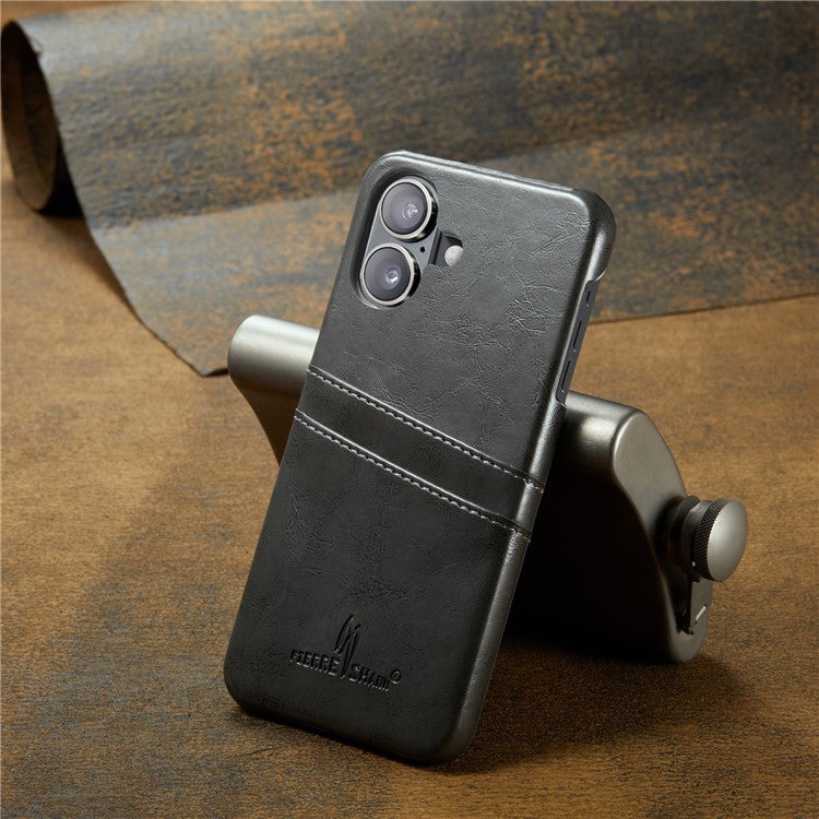 FIERRE SHANN For iPhone 16 Case Waxy PU Leather+PC Card Holder Phone Cover - Grey