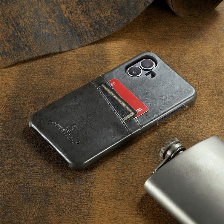 FIERRE SHANN For iPhone 16 Case Waxy PU Leather+PC Card Holder Phone Cover - Grey