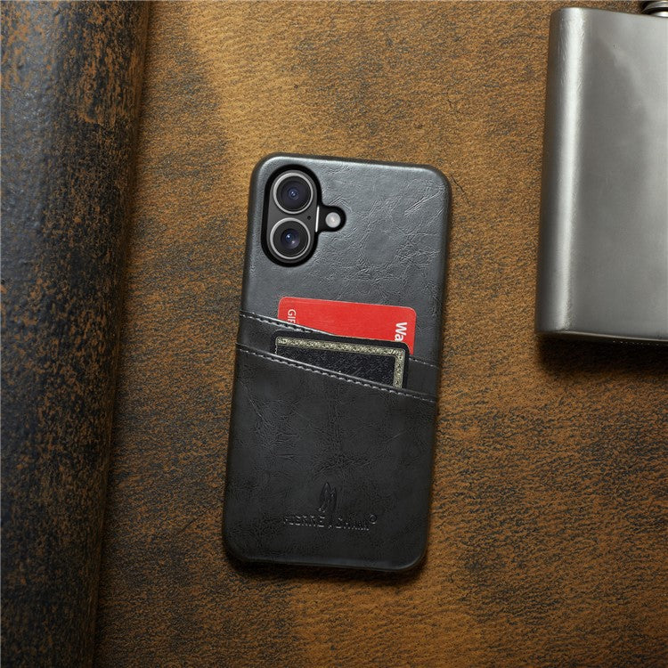 FIERRE SHANN For iPhone 16 Case Waxy PU Leather+PC Card Holder Phone Cover - Grey