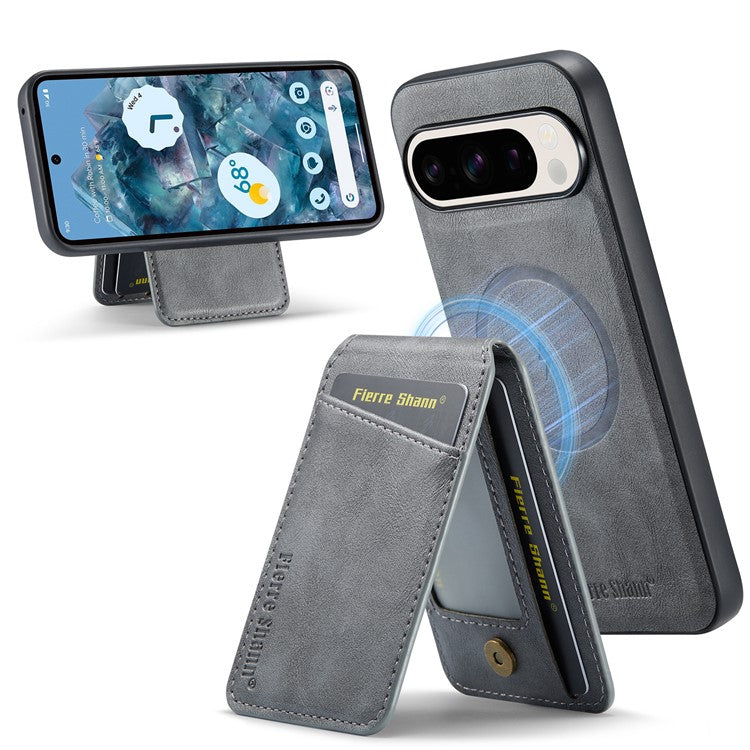 FIERRE SHANN 025 Style For Google Pixel 9 Pro XL Case Leather+TPU Detachable Card Slots Phone Cover - Grey