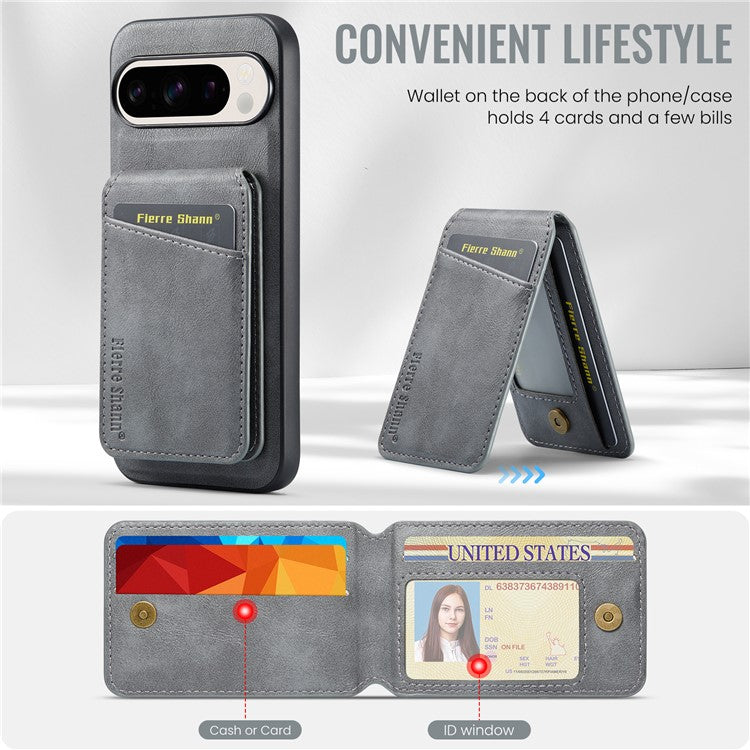 FIERRE SHANN 025 Style For Google Pixel 9 Pro XL Case Leather+TPU Detachable Card Slots Phone Cover - Grey
